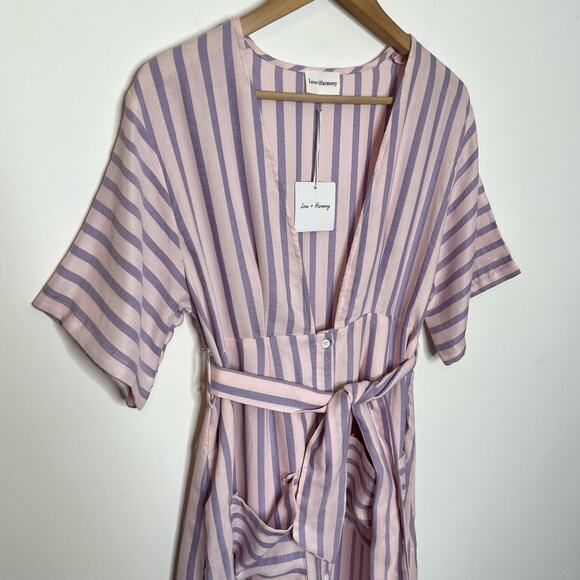 Love + Harmony Women's Midi Dress Size Medium Pink Purple Striped Deep V Neck - Picture 4 of 11